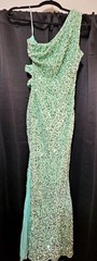 Green Solid Sequin One-Shoulder Sleeveless Long Lined Side Slit Gown Size S