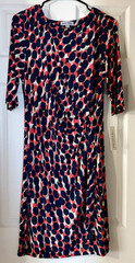 Shelby & Palmer Sheath Midi Dress 10 Navy Red White Polka Dot 3/4 Scoop