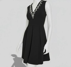 Tommy Hilfiger Womens Black Embellished Pleated Fit & Flare Dress Size: 2