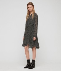 Allsaints Martina Splash Asymmetrical Swing Dress Large Black White Dot