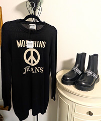 Moschino Jeans Black Knit Logo Graphic Print Crewneck Sweater Dress UNI Size LG