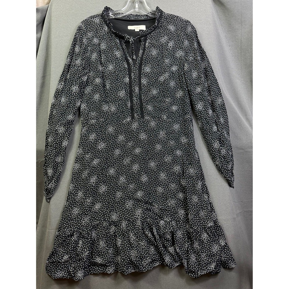 Loft Black White Dot Ruffle Neck Long Sleeve Mini Dress Size 6 Crochet Trim