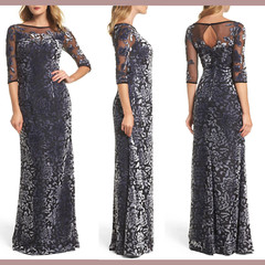 NWT $538 La Femme [ 8 ] Burnout Velvet Column Gown in Black/Gunmetal #Q237