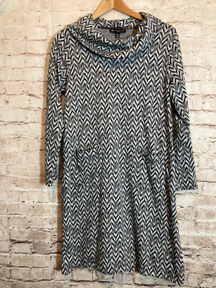 N Touch Dress Womens Medium Black White Chevron Cowl Neck Pockets Stretch