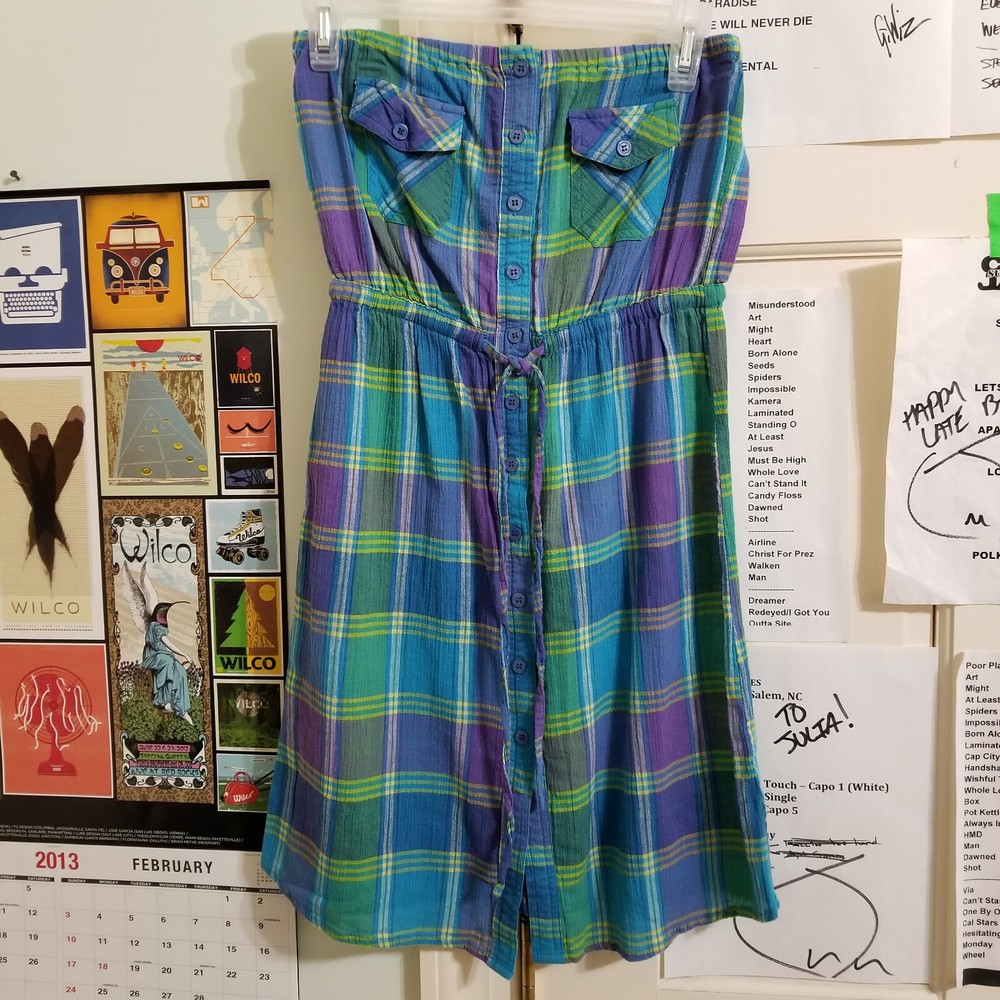 Forever 21 dress Small strapless plaid button front drawstring waist bust pocket
