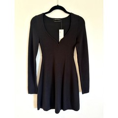 NWT Urban Outfitters Black Knit Long Sleeve Notch V-Neck Flare Mini Dress XS