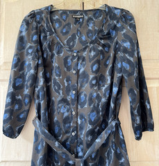 Express Blue Gray/Brown Button Front Shift Dress 3/4 Sleeves w/ Belt Size Small