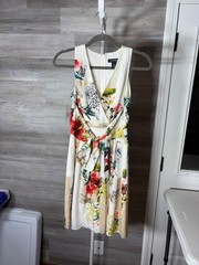 White House Black Market Floral Wrap Midi Dress with Red & Green Accents 1434