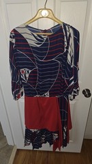 Multicolor Striped A-Line Knee Length Dress 3/4 Sleeve Round Neck Ruffle M