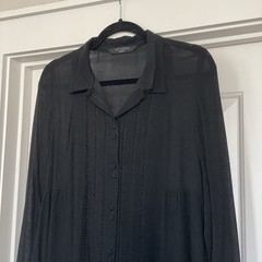 Knot Sisters Black Collared Button Down Swing Shirtdress Pleated Long Sleeve S