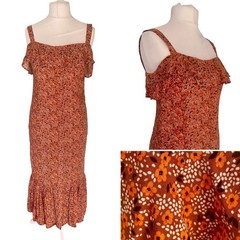Women Summer Long Dress Size L Orange Floral Beach Holiday UK 14 16 Strappy Boho