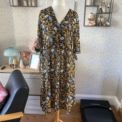 Just Female Sheer Faux Wrap Floral Dress Size S Small Black Yellow