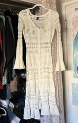 FOREVER 21 White Open Knit Button Front V-Neck Bell Sleeve Midi Dress S