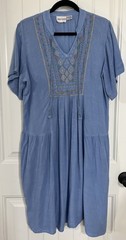 Raya Sun Blue Embroidered Linen Cotton Boho Peasant Dress 2X Pockets Tassel