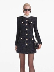 Self Portrait Dark blue tweed sequined stand-up collar Dresses