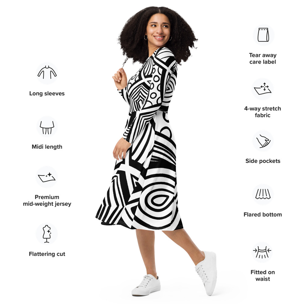 B/W Original Abstract Illustration All-over print long sleeve midi dress