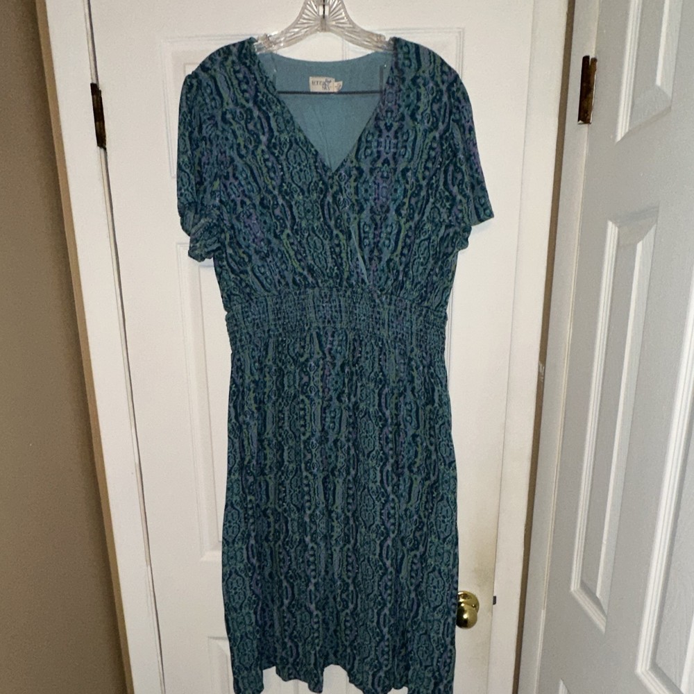 Terra & Sky Women’s 1X Midi Dress Blue/Green/Purple Paisley V-Neck Smocked
