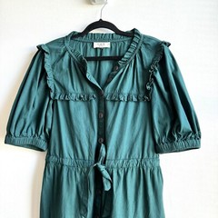 Sea NY Sibylle Solid Dress Forest Poplin Tiered Skirt Ruffle Pockets Medium