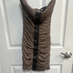 Forever 21 Women&rsquo;s Brown Strapless Ruched Mini Dress Mesh Rhinestone Sz S/P