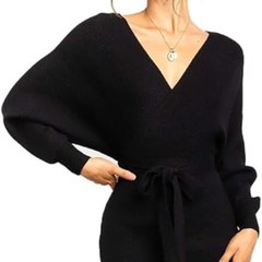 Elegant Batwing Sleeve V Neck Bodycon Dress Tie Waist Backless Wrap Pencil Dress