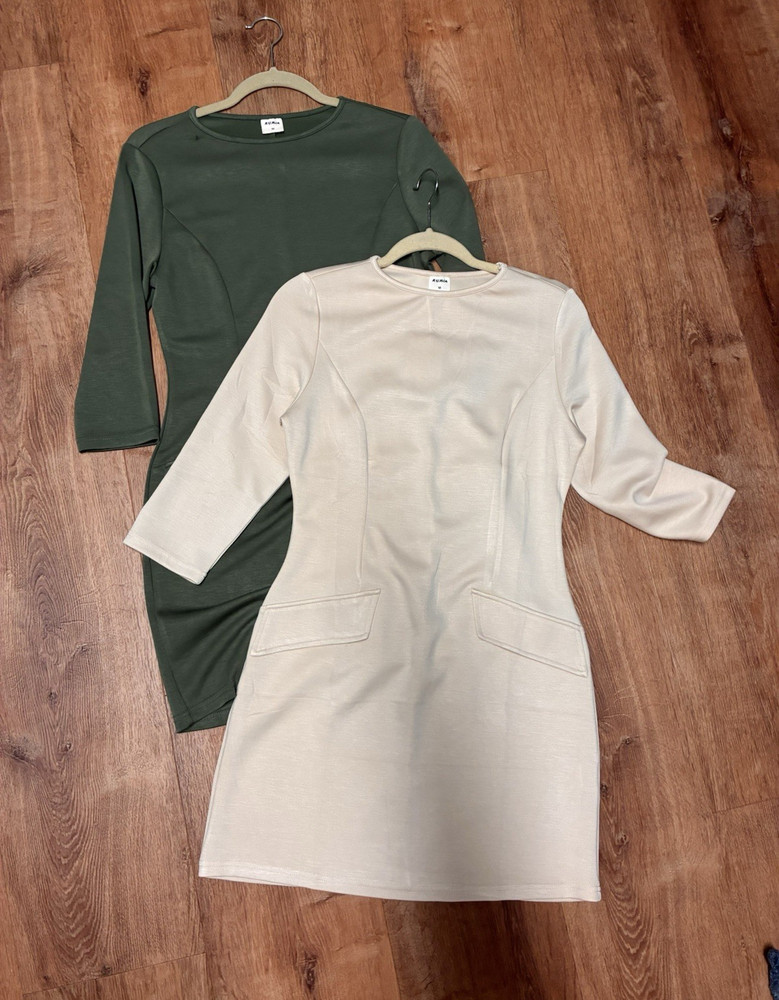 Lot of 2 Women’s Green & Beige Solid Mini Dress Pockets 3/4 Sleeve size 6 Small