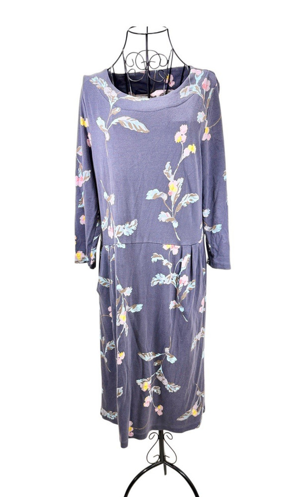Joules Blue Multicolor Floral Knit A-Line Midi Dress Sz 14 Round Neck 3/4 Sleeve