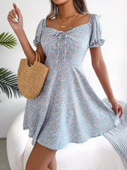 Spring Summer Square Collar Floral Ruffles Mini Dress Women Casual Flare Sleeves