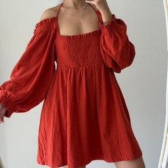 Free People Dress Medium Rust Orange Babydoll Smocked Peasant Boho Cottage Chic