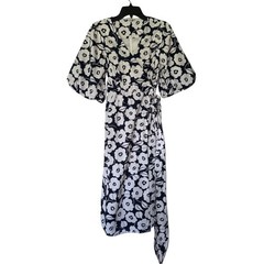 Charter Club Luxury Linen Cotton Floral Wrap Dress Navy White Puff Sleeve XS