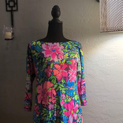 Lilly Pulitzer Knit Floral Shift Dress S 3/4 Sleeve Boat Neck Knee Length