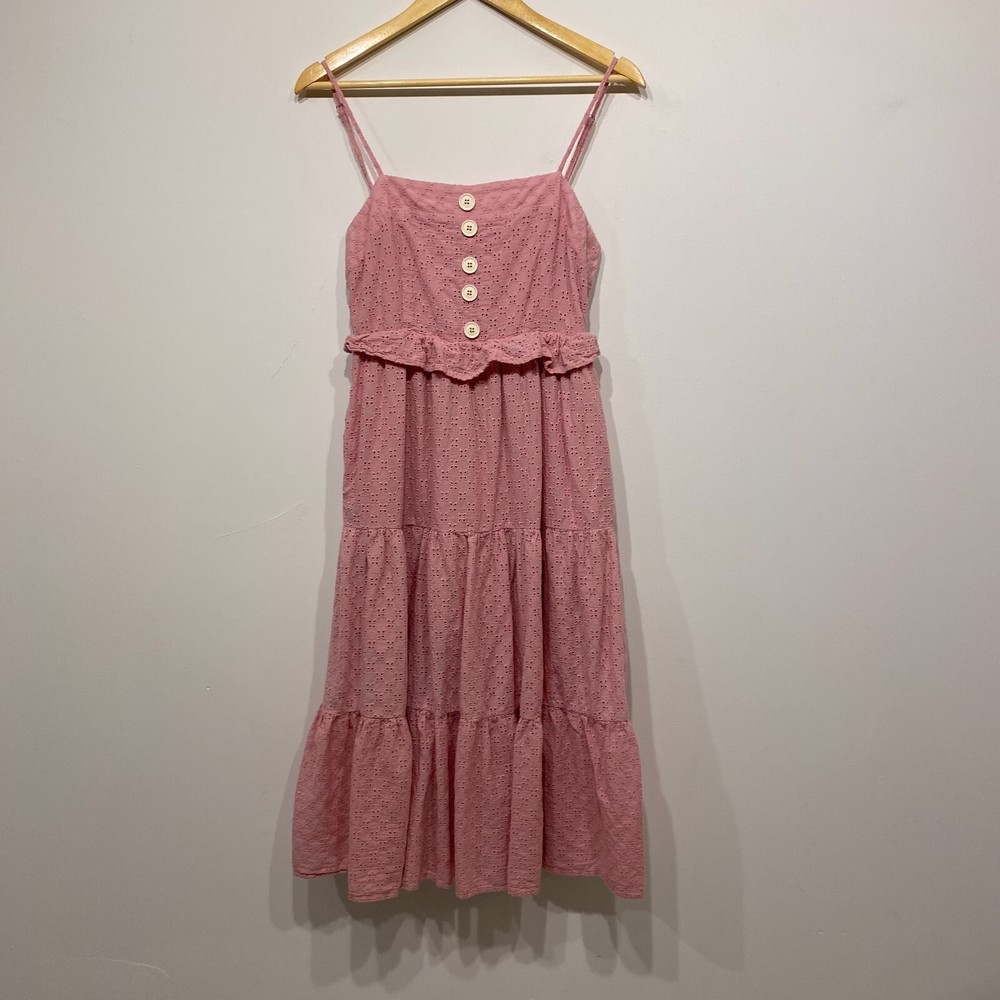 En Saison Tiered Button Front Ruffle Eyelet Midi Cottagecore Pink Medium