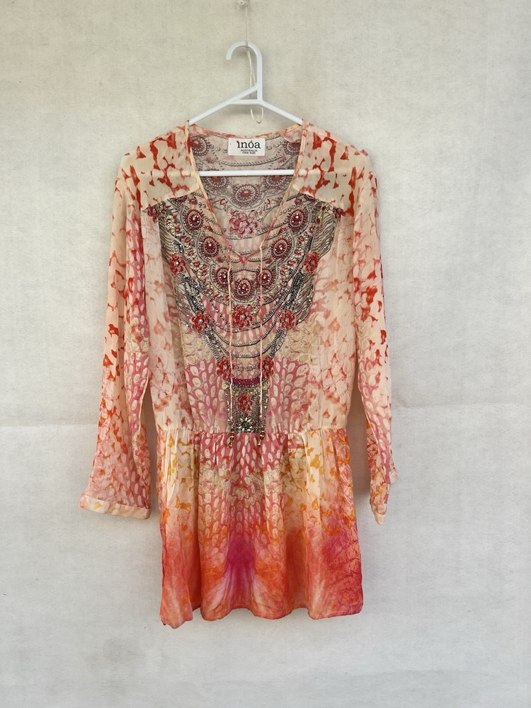 💥 INOA 100% SILK vanilla Look Floral Beaded Rhinestone Dress Tunic Shift