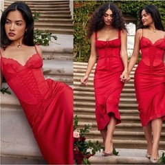 HOUSE OF CB XS D-DD &lsquo;Salma&rsquo; Red Rose Satin Slip Dress NWOT