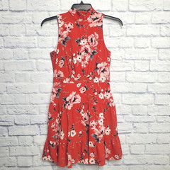 Elle Dress Womens Small Red Floral High Neck Ruffle Sleeveless Back Tie Summer