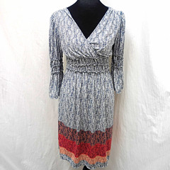 Max Edition Womens M Blue/White Geometric Knit Stretch Fit & Flare V-Neck Dress