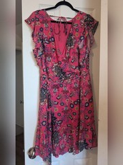 LOFT Floral Ruffle V-Neck Shift Mini Dress Pink/Blue – Size 16