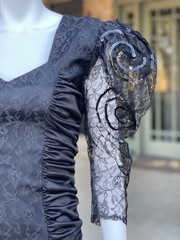 Vintage 80s Black Bodycon Cocktail Dress, Ruched Satin and Huge Puff sleeves
