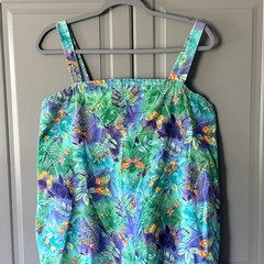 Vintage Whimsy Butterfly Dragonfly Print Drop Waist Sundress, Green Purple,S