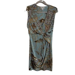 Carmen Marc Valvo Sleeveless Rouched Cocktail Dress Sz M Gold Buckle Print