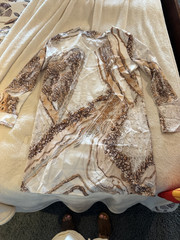 Brown Beige White Geometric Silk Shift Dress Knee Length V-Neck Long Sleeve L