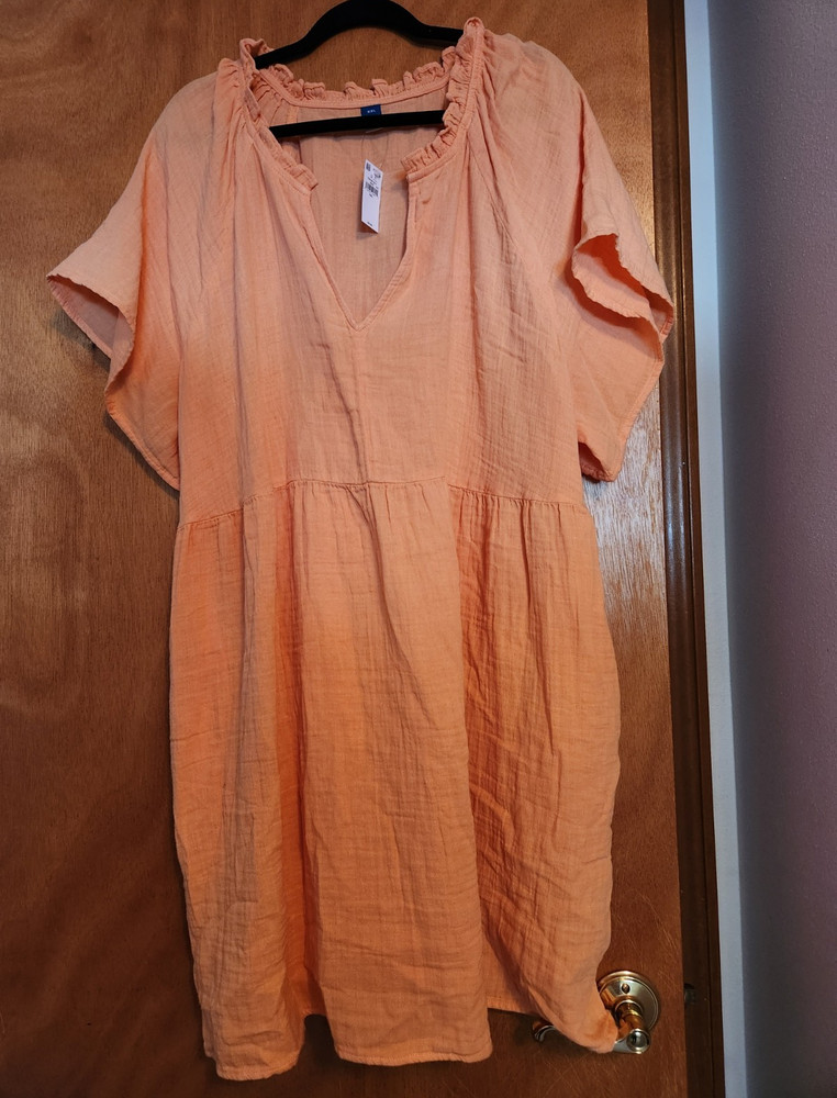 Old Navy Women&rsquo;s Shift Dress Peach Cotton V-Neck Ruffle Short Sleeve XXL