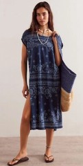 Free People Indie Maxi Tee We The Free Mix Print Side Slits Blue Indigo S NWT