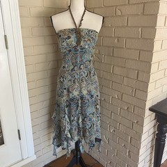 Vintage 90s Y2K 100% Silk Beaded Fairycore Hoco Dress Halter Handkerchief Hem 6