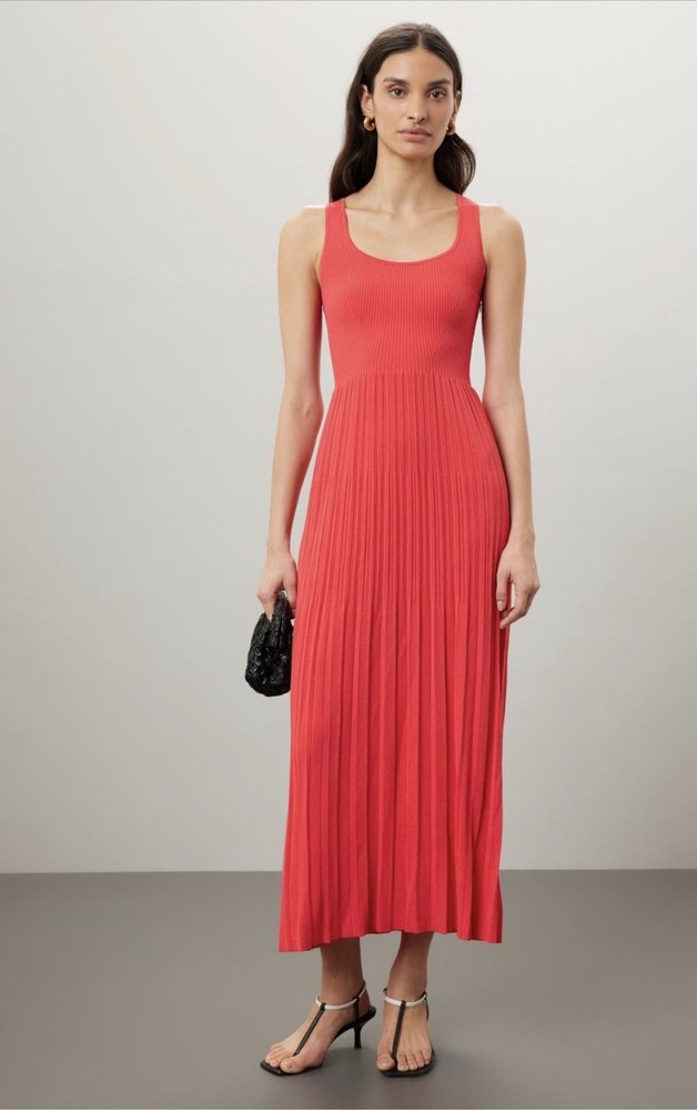 Michael Kors Red Ribbed Knit Pleated Maxi Dress Scoop Neck L MRSP -278