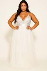 Haute Monde Tulle Maxi Dress White Silver Sequin Formal Gown L /NWOT