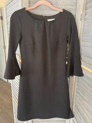NWOT NY & Co. Black Dress w/ Gathered Neck & Bell Sleeves Sz XS Elegant!