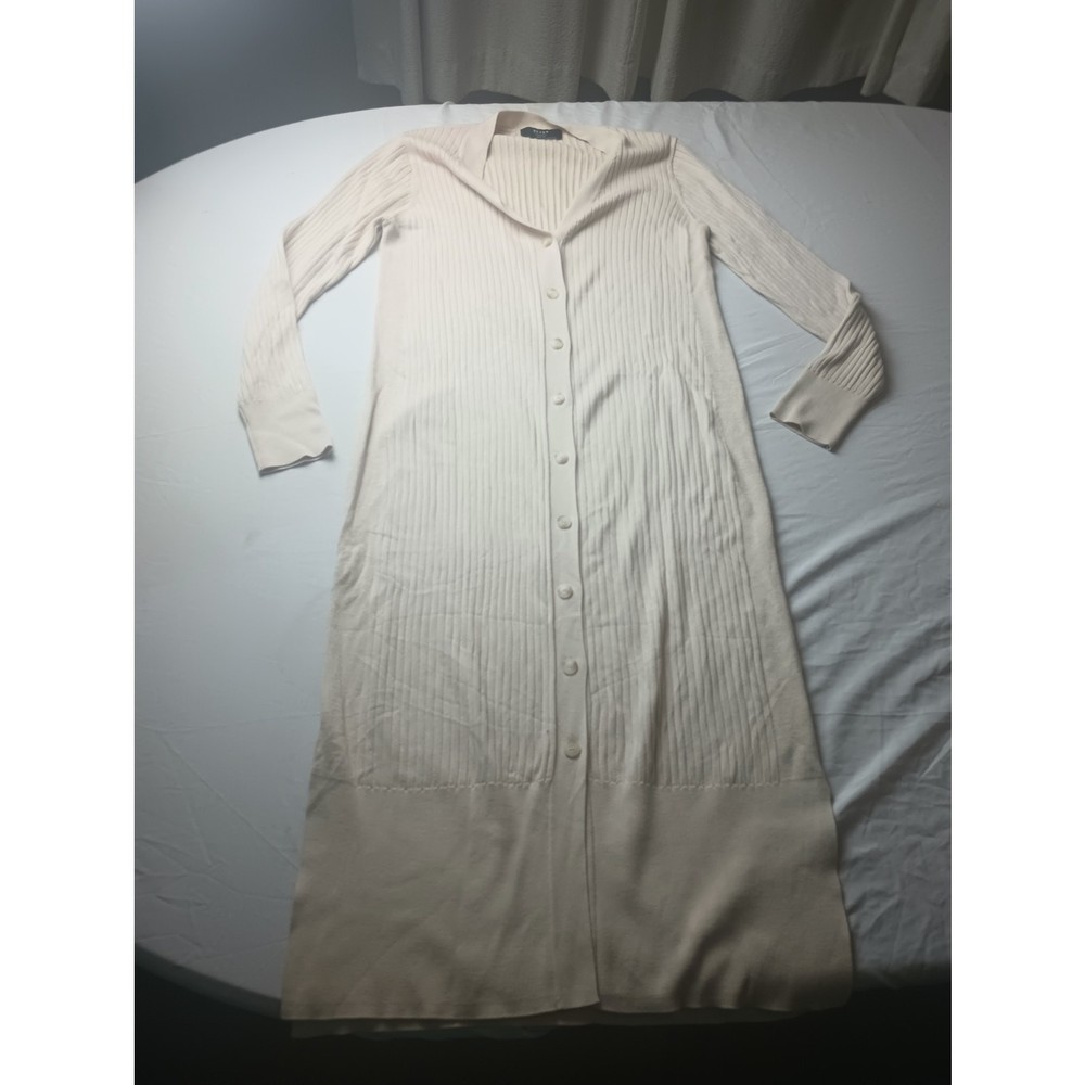 Brass Button Front Cardigan Dress Ribbed Beige Tan Deep V-neck Women Size Medium
