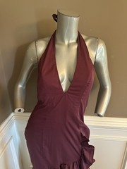 Babyboo Burgundy Ruffle High Split Maxi Plunge Halter Dress Sz M