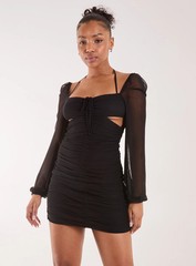 Pink Vanilla Womens Black Long Sleeve Sweetheart Mini Dress