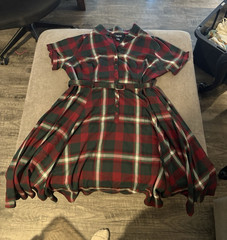 Collectif London Plaid Collared Retro Dress Red/Green Belted Button Front US 26